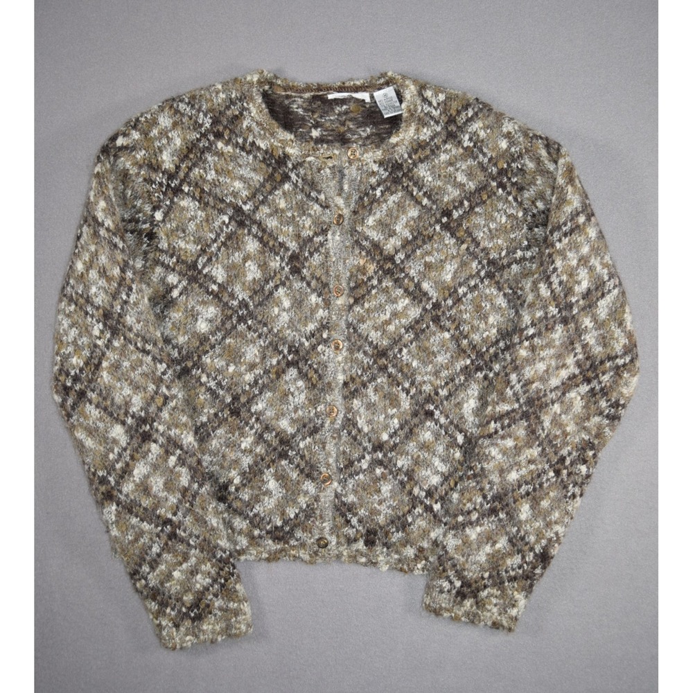 Paul Harris Sweater Womens Medium Brown Plaid Mohair Blend Cardigan Fuzzy Knit